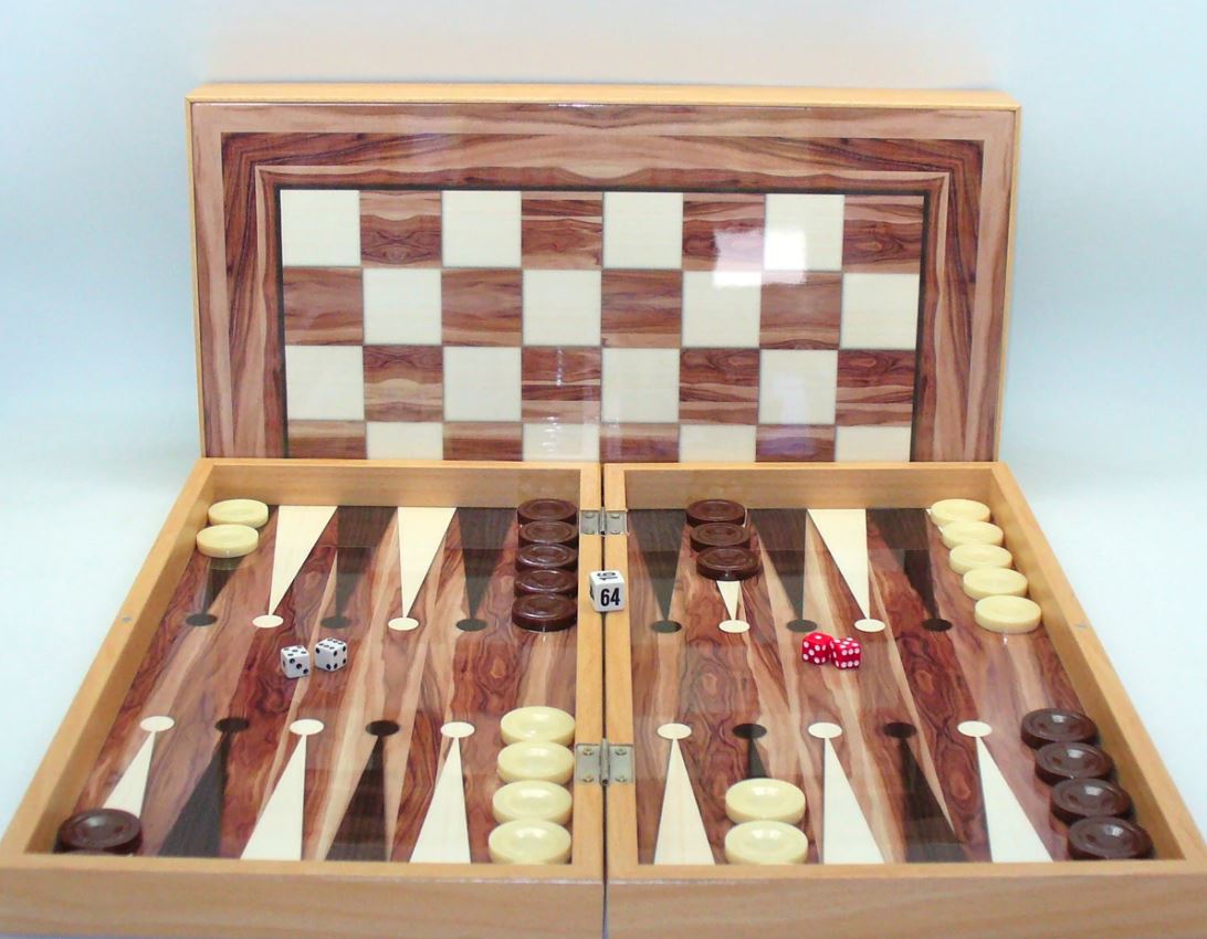 Backgammon: 19" Walnut Decoupage w/ Chess Back